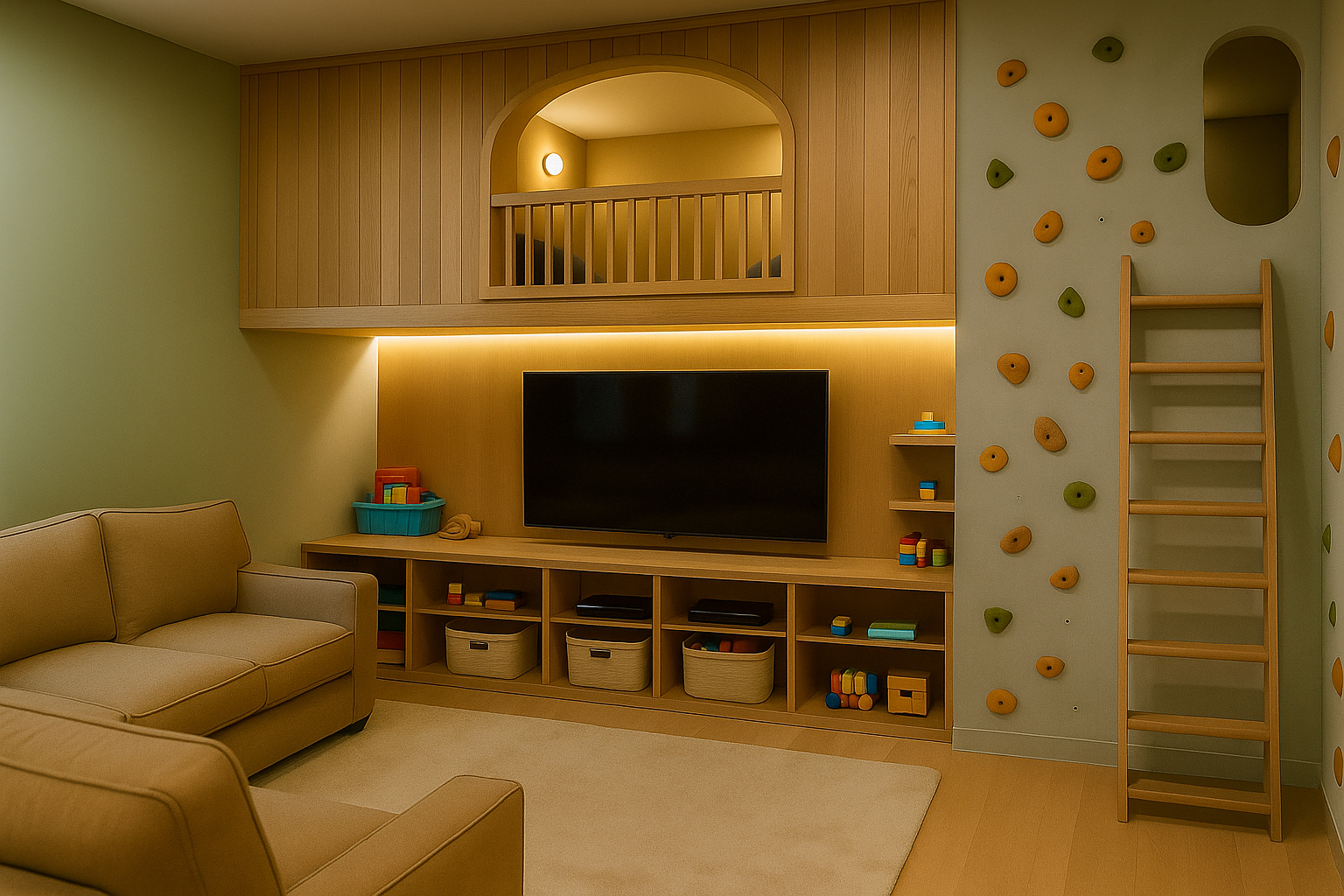 Living Room with Climbing Wall and Loft